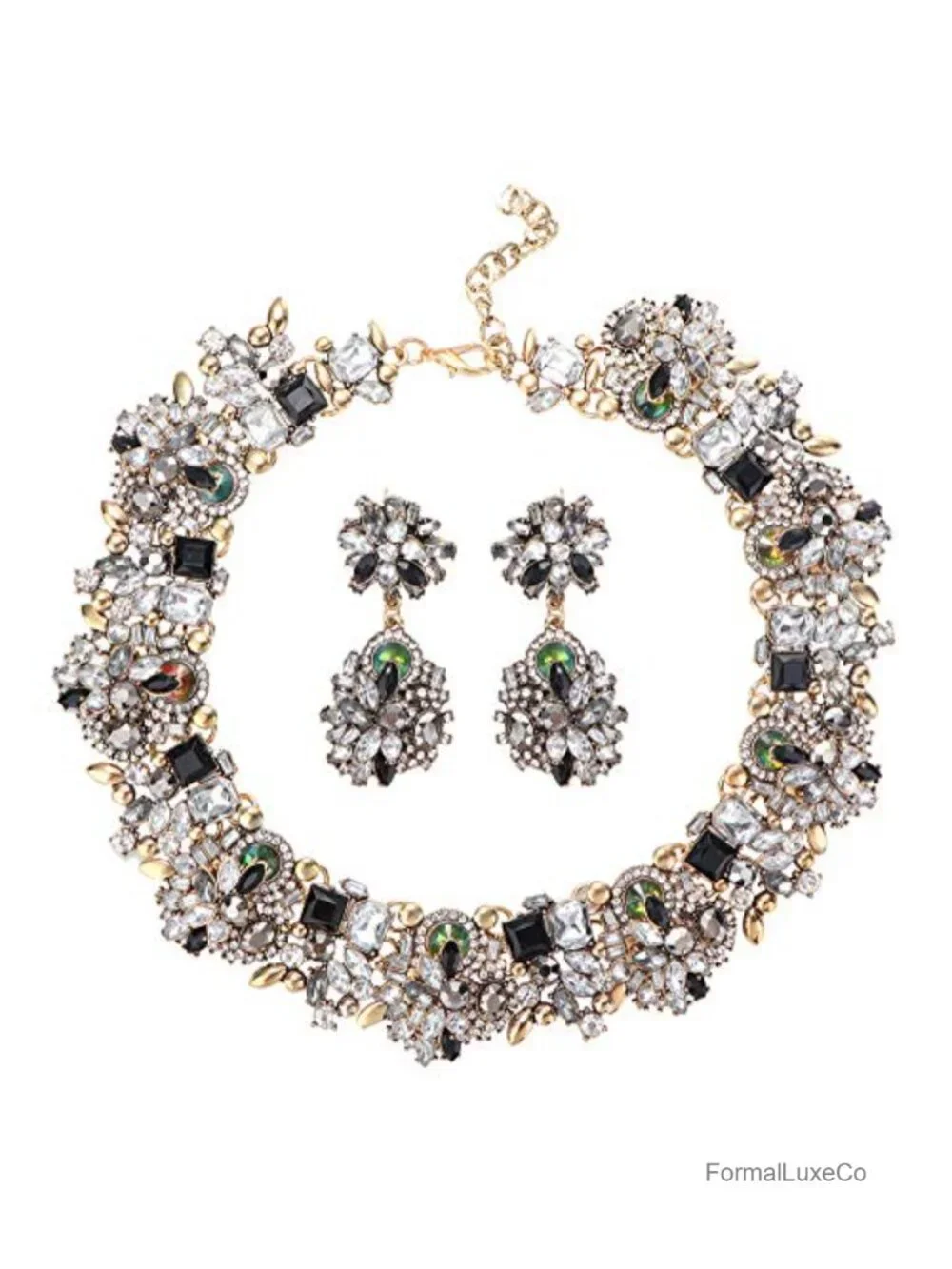 Vintage Crystal Rhinestone Bib Statement Necklace and Earrings Set for Women
